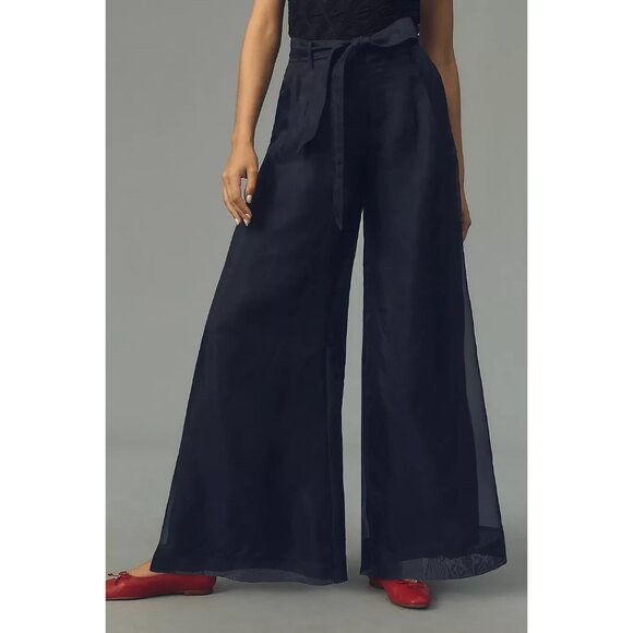 Anthropologie Pants Silk Organza Wide Leg Tie Waist Black NWT - Picture 2 of 14